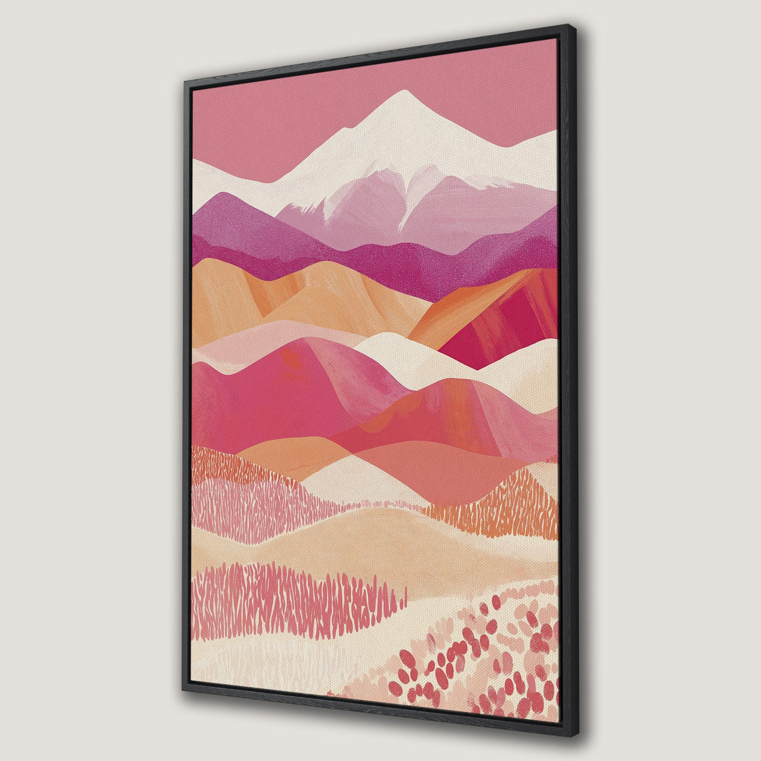 Framed Wall Art featuring an abstract landscape in a warm pink and orange color palette. Modern art for your home.