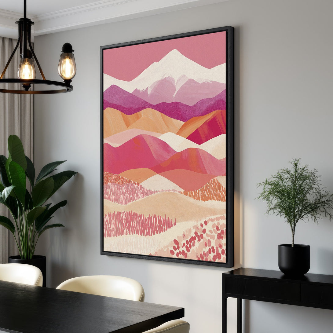 Framed Wall Art: Abstract mountain landscape in pink and orange hues. Modern art for your home. Canvas Print adds a pop of color!