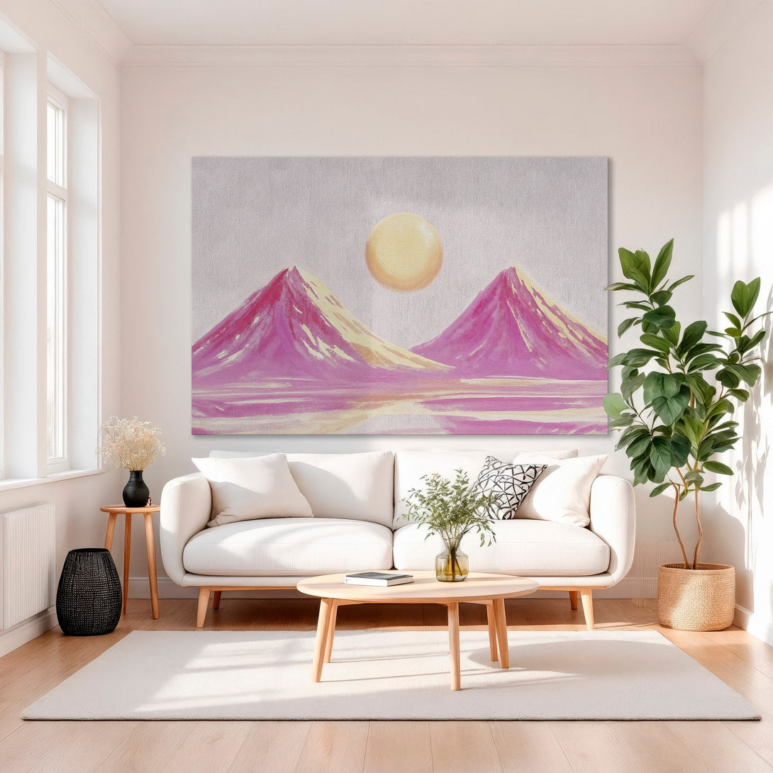 Framed Wall Art: Abstract landscape Canvas Print with pink mountains and a yellow sun. Modern art in a luxurious interior with a gold frame.