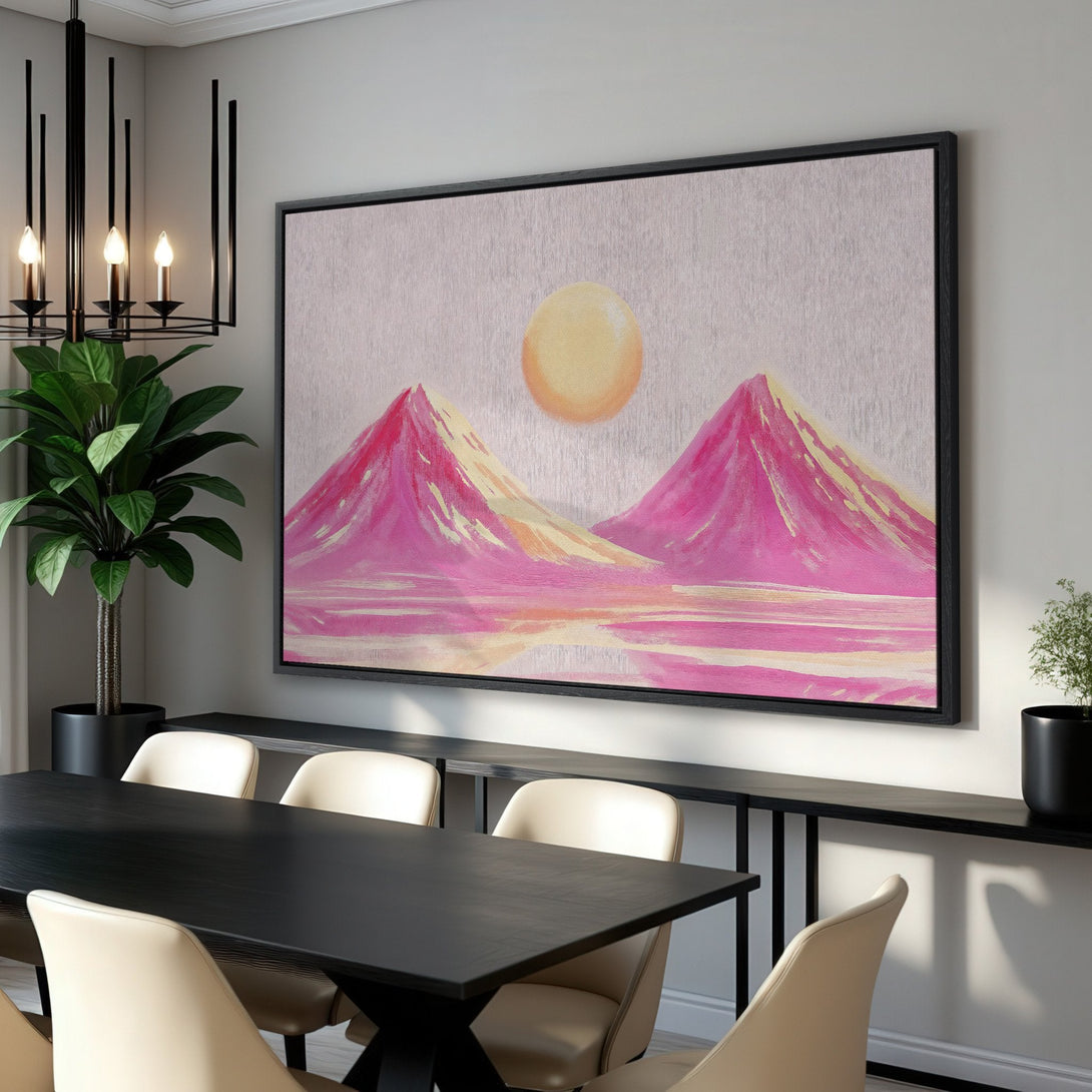 Framed Wall Art featuring a vibrant pink mountain landscape painting. Modern style with a pastel color palette, perfect for adding a pop of color to any room.