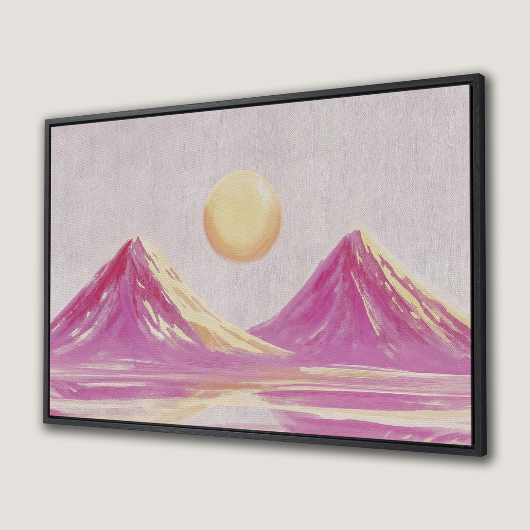 Framed Wall Art: Abstract landscape Canvas Print with pink mountains, yellow sun, and a serene, pastel color palette. Perfect for modern decor.