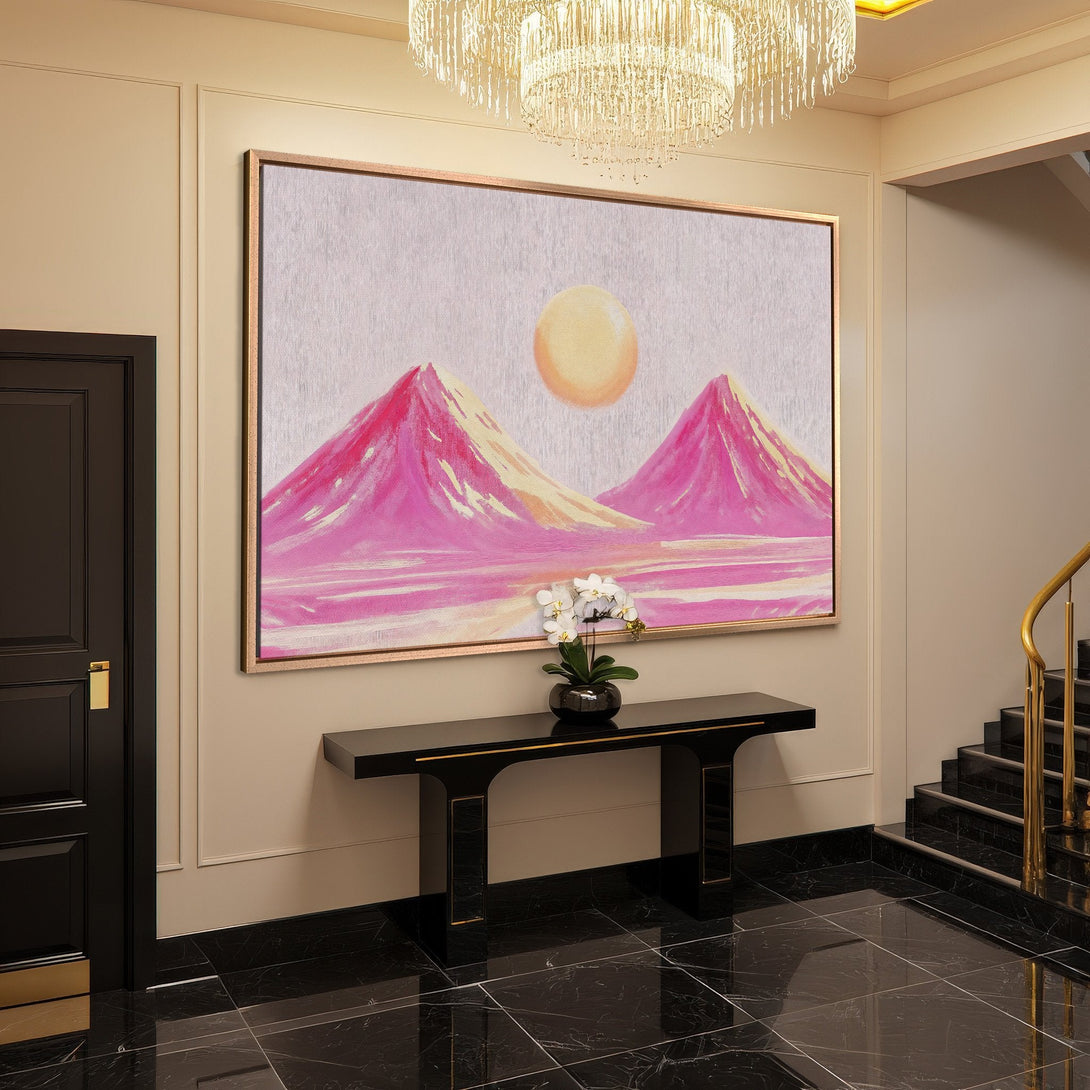 Framed Wall Art featuring a pink mountain landscape. Modern abstract style with a soft pink, yellow, and neutral color palette. Perfect for home decor.