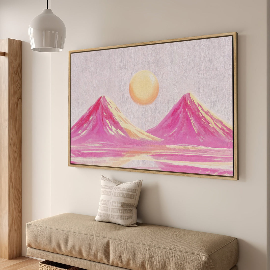 Framed Wall Art: Abstract landscape Canvas Print with pink mountains, yellow sun, and a soft, warm color palette. Perfect for adding a pop of color!