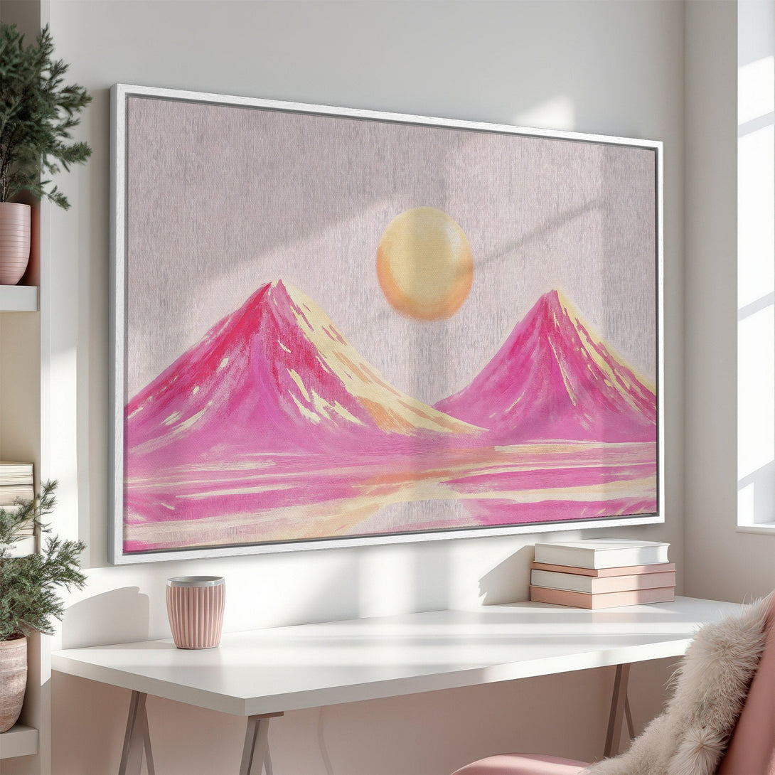 Framed Wall Art: Abstract landscape Canvas Print with pink mountains and a yellow sun. Modern art with a soft, pastel color palette, perfect for home decor.