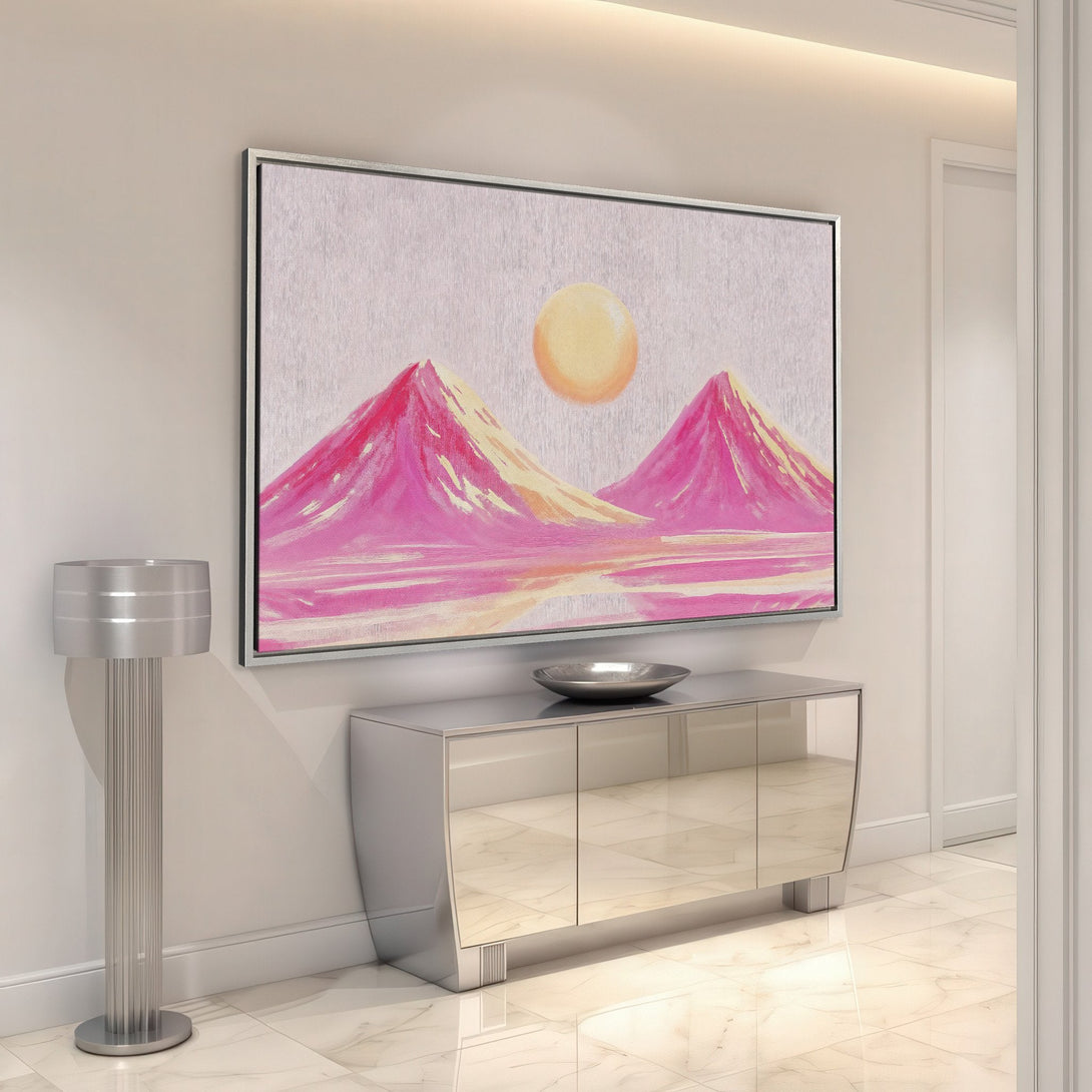 Framed Wall Art: Abstract landscape Canvas Print in pink, yellow, and white. Modern art for home decor, perfect for adding a pop of color.