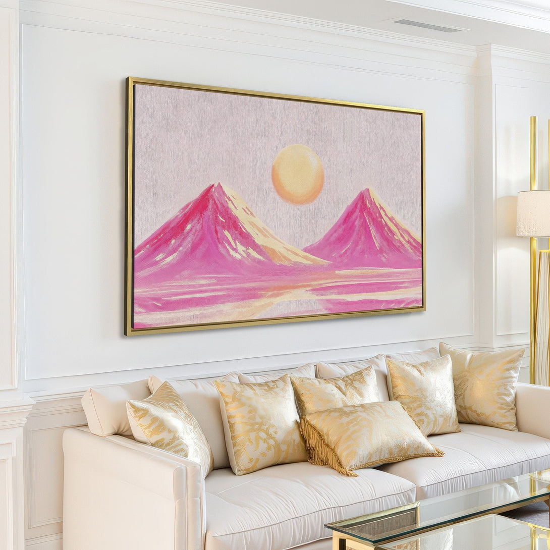 Canvas Print of a mountain landscape in a modern interior. Features a pink and yellow color palette, perfect for adding a pop of color to your home.