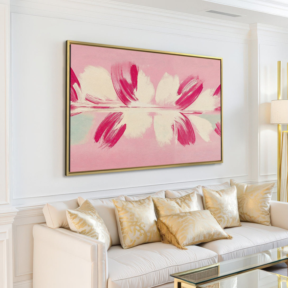 Abstract Canvas Print in a modern living room. Features a pink and white floral design, perfect for adding a touch of elegance to any space.