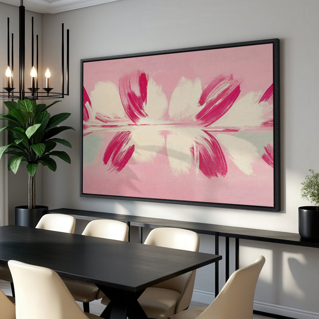 Framed Wall Art: Abstract floral canvas print in pink, white, and cream. Modern art for your dining room. Shop now and elevate your space!