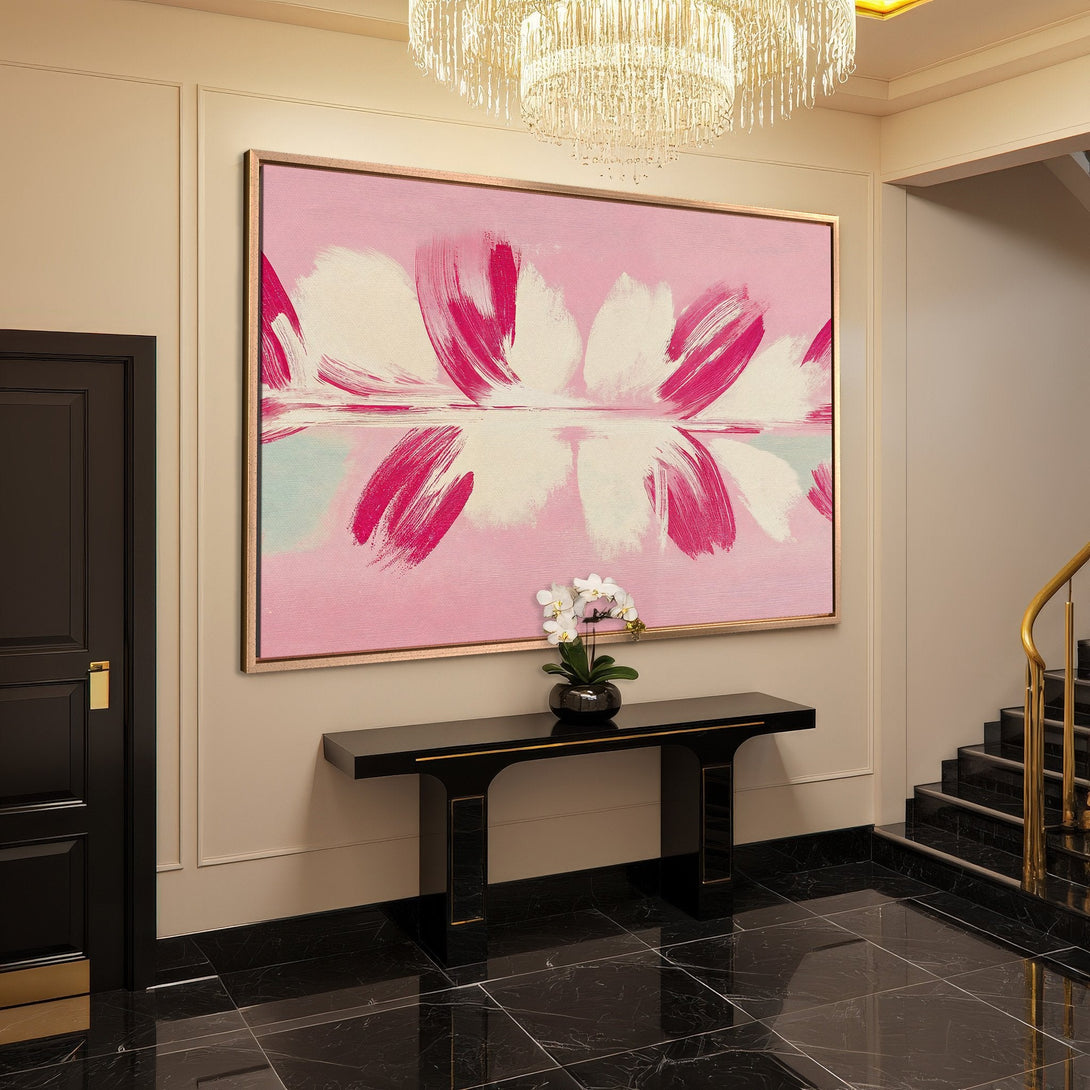 Framed Wall Art: Abstract floral Canvas Print in pink and white, adding a touch of elegance to a modern interior with a soft color palette.