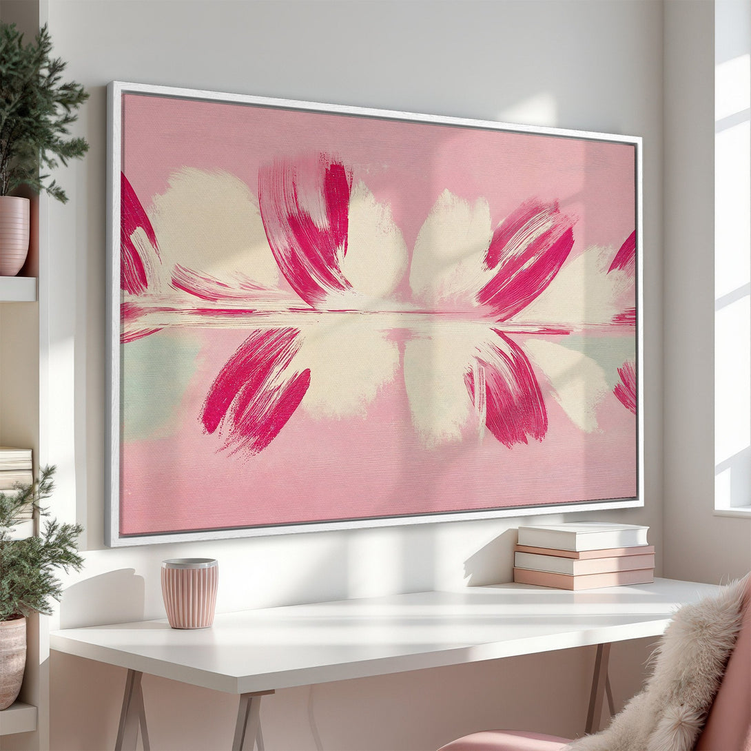 Framed Wall Art featuring abstract floral design in pink, white, and cream. Modern art canvas print perfect for adding a touch of elegance to any room.