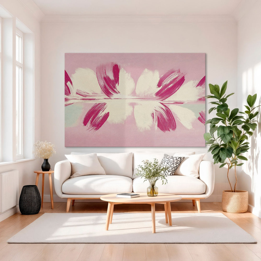 Framed Wall Art: Abstract pink & cream floral canvas print in a gold frame. Modern art for living room decor. Soft color palette.