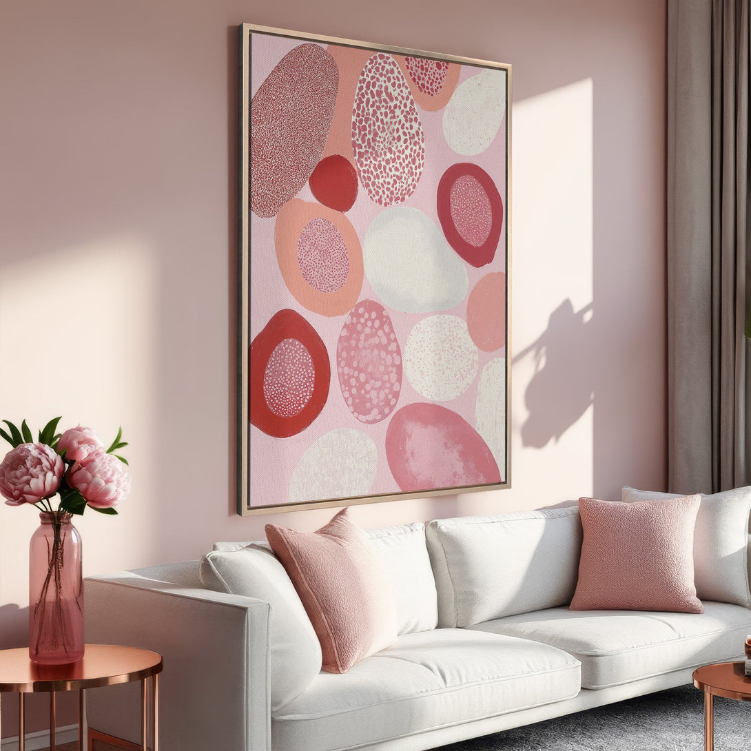 Framed Wall Art featuring abstract shapes in a pink and red color palette. Modern art for a stylish living room. Shop now!