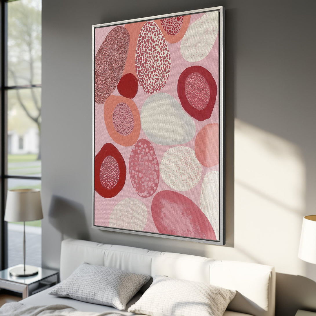 Framed Wall Art: Abstract art Canvas Print in pink and red. Modern wall decor with organic shapes, perfect for bedroom or living room.