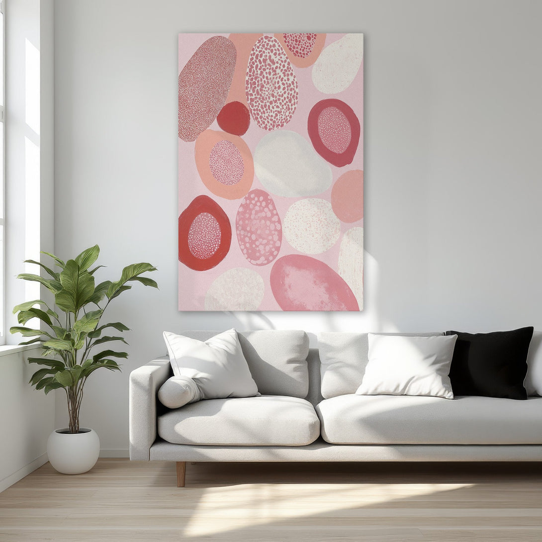 Framed Wall Art: Abstract pink and red shapes canvas print. Modern art in a bedroom setting. Adds a pop of color and style.
