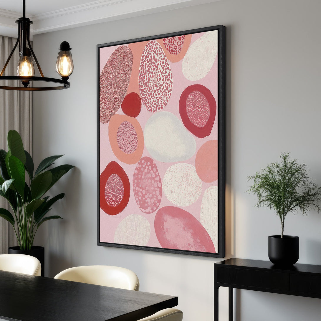 Framed Wall Art featuring abstract shapes in a pink and red color palette. Modern art canvas print for a stylish interior. Shop now!