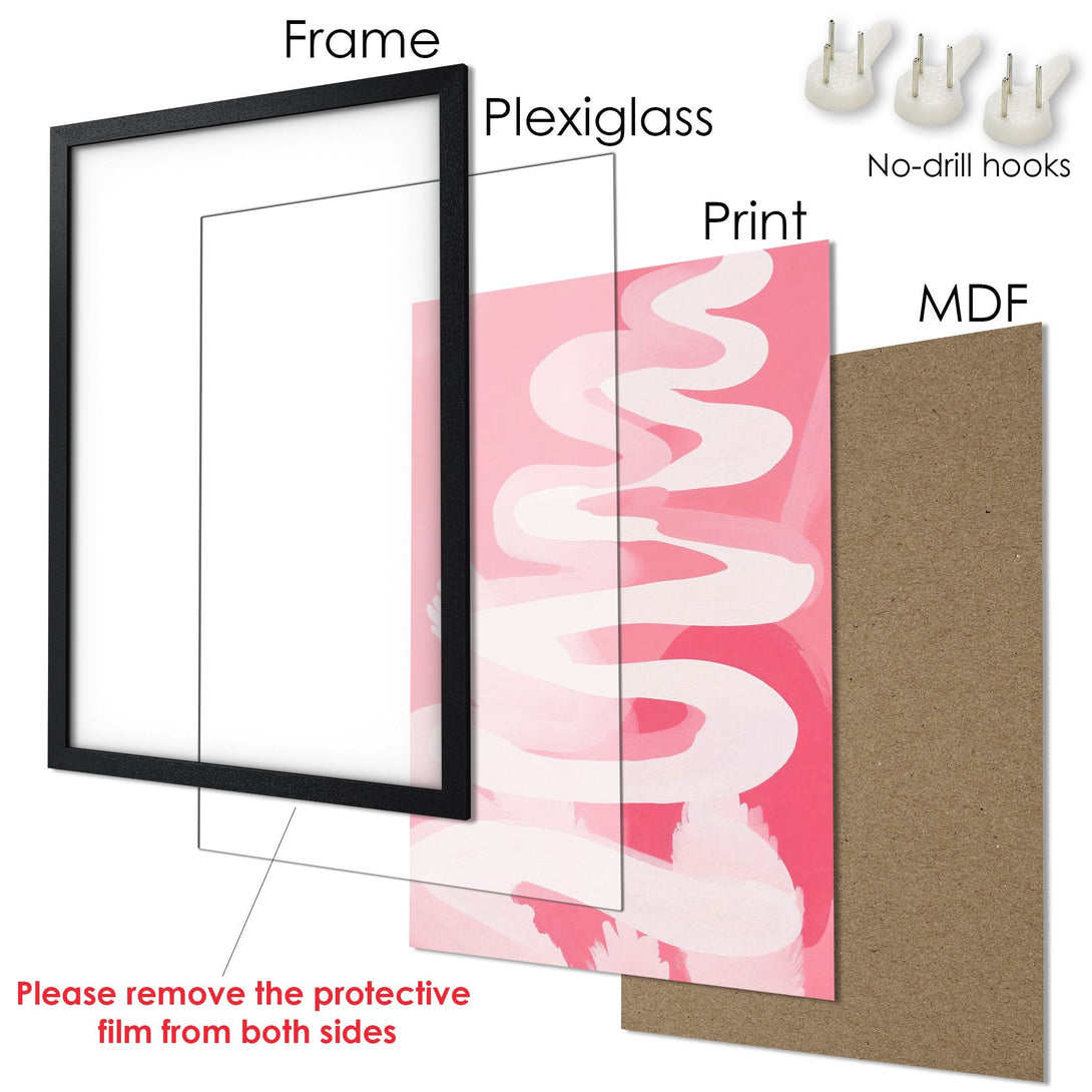 Framed Poster with abstract art in pink and white, modern style. Ready to hang!