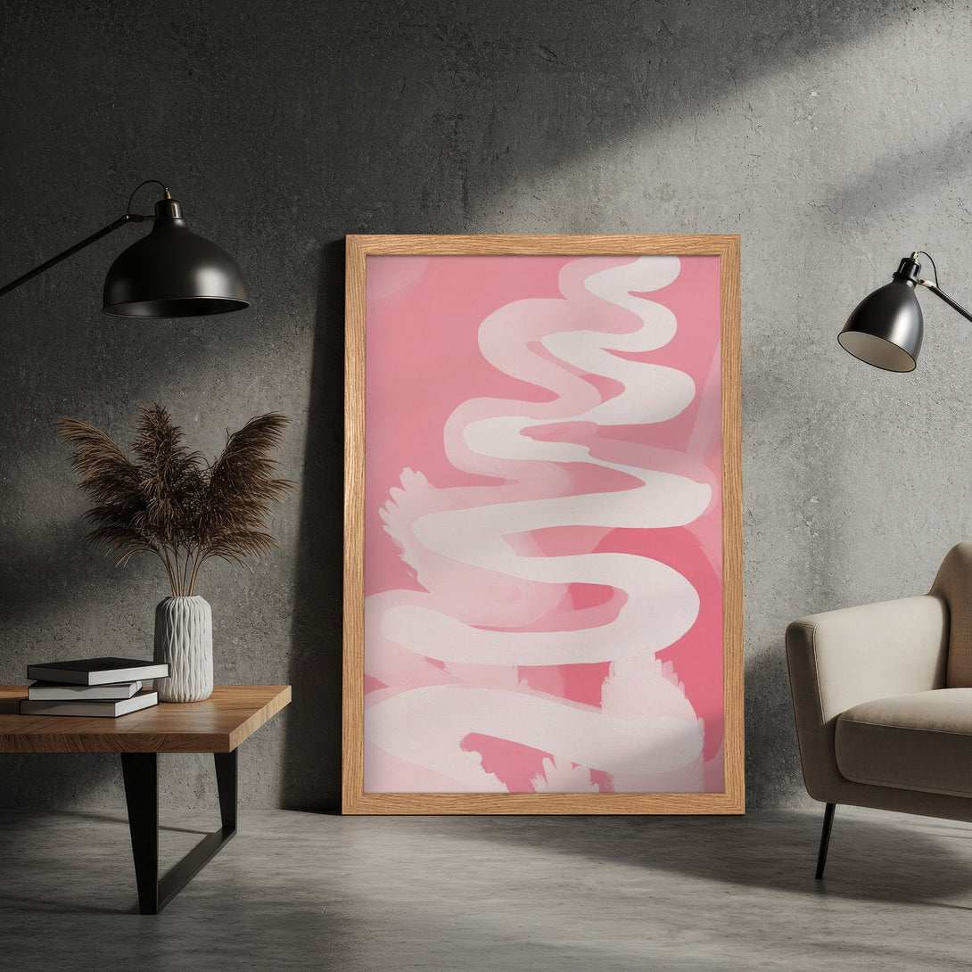 Framed Poster: Abstract art in pink & white. Modern style, perfect for home decor. Add a touch of elegance with this beautiful poster!