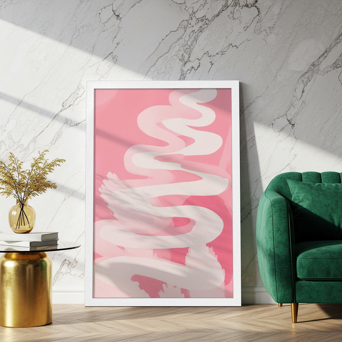 Framed Poster featuring abstract art in pink and white, perfect for adding a touch of modern style to your home decor.