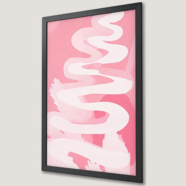 Framed Poster featuring abstract white brushstrokes on a pink background. Modern art print, perfect for adding a pop of color to your space.