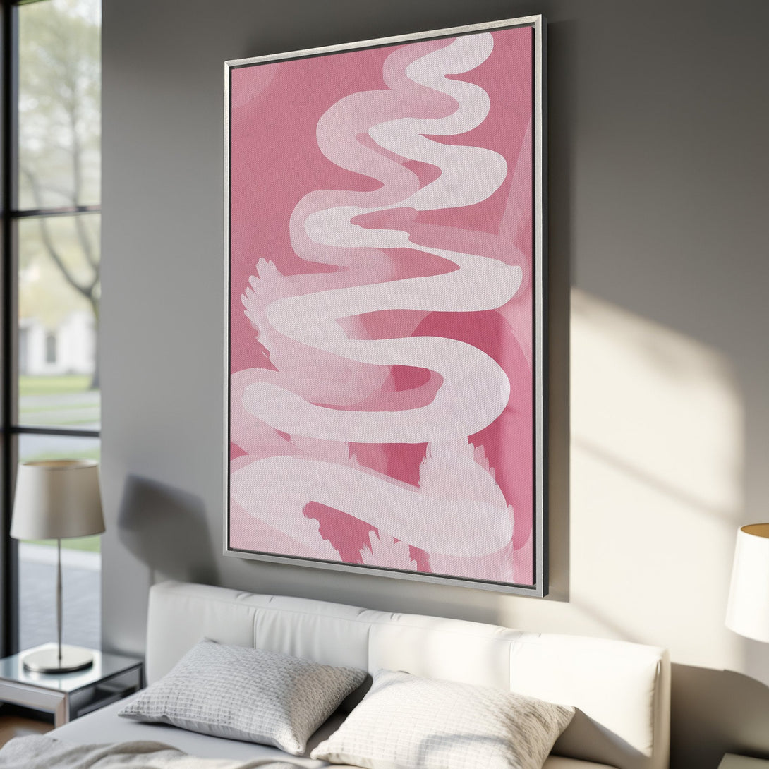 Framed Wall Art: Abstract pink and white art print, modern style. Perfect for bedroom decor. Enhance your space with this stylish canvas print.