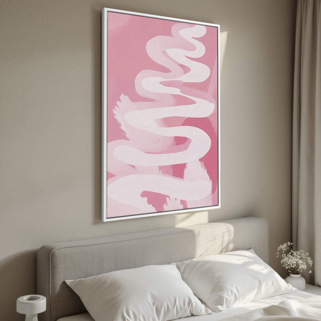 Framed Wall Art featuring abstract pink and white brushstrokes. Modern, minimalist style with a calming, feminine color palette. Perfect bedroom decor.