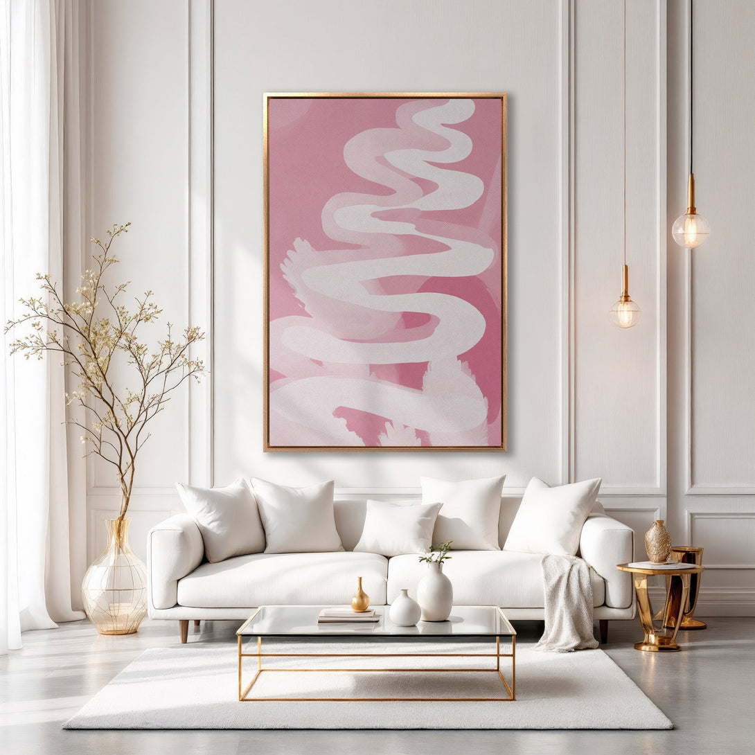 Framed Wall Art: Abstract pink and white brushstroke design. Modern canvas print adds a touch of elegance to any living room. Shop now!