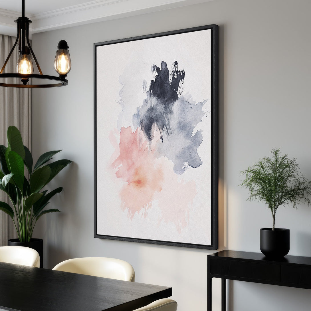 Framed Wall Art featuring an abstract watercolor design in blush pink, navy, and gray. Modern art for a stylish home.