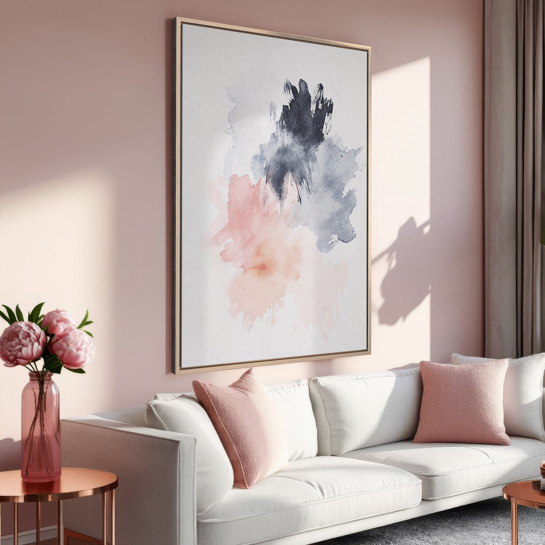 Framed Wall Art featuring abstract watercolor art in blush pink, gray, and white. Modern home decor inspiration.