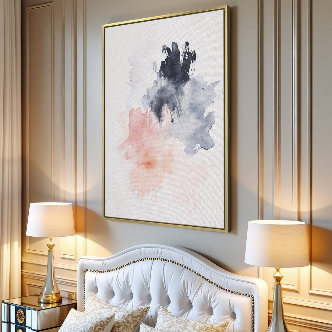 Abstract Canvas Print in a modern interior. Features watercolor style art with pink, gray, and black hues. Perfect for minimalist decor.