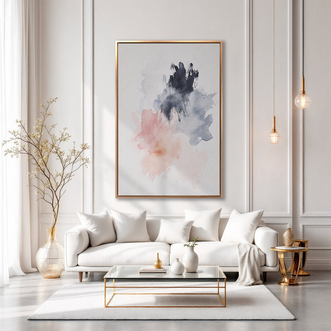 Framed Wall Art: Abstract watercolor painting in a modern living room. Soft pink, gray, and navy hues create a calming aesthetic. Elevate your space!
