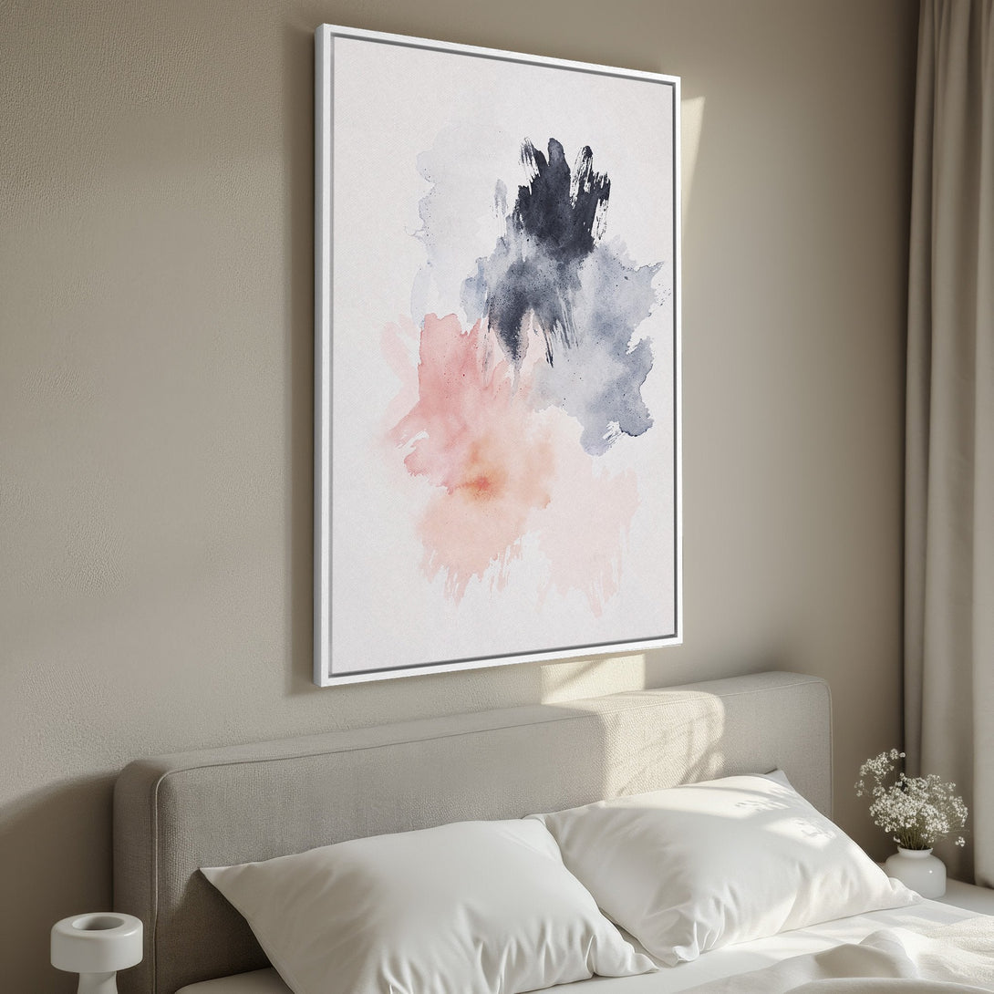 Framed Wall Art featuring abstract watercolor art in blush, navy, and gray. Modern canvas print adds a touch of elegance to any bedroom decor.