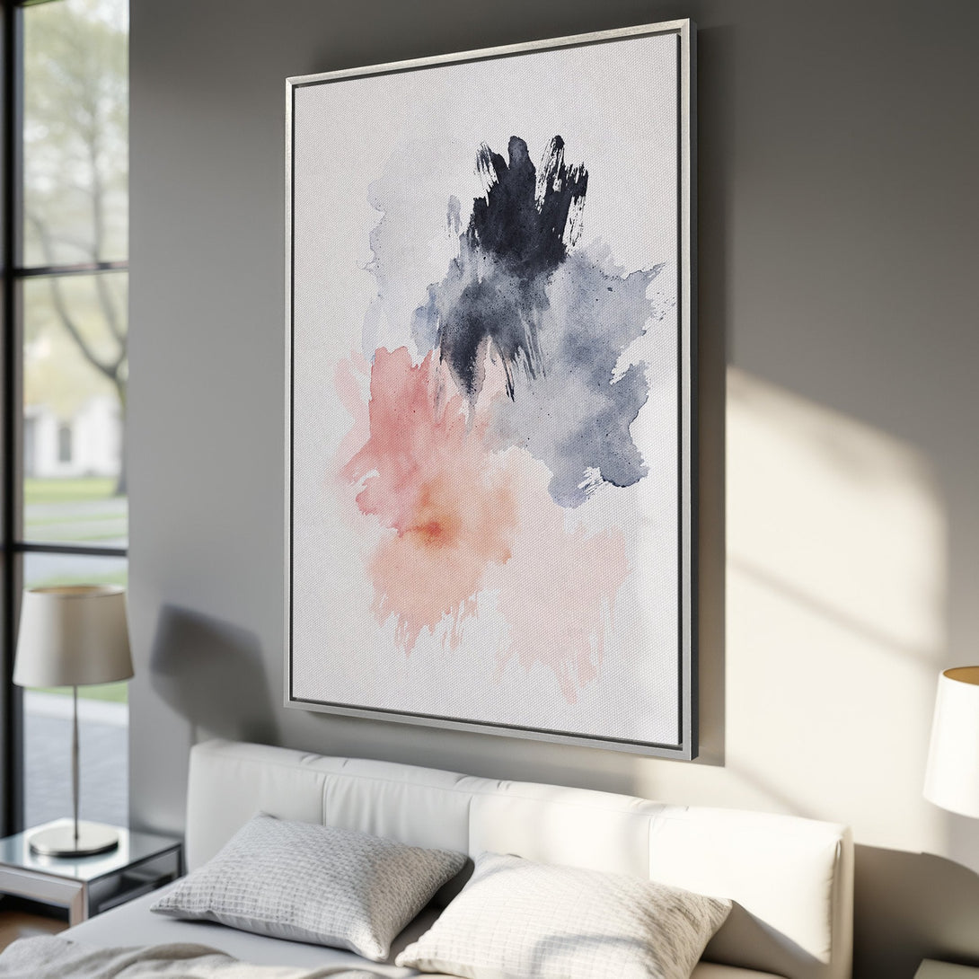 Framed Wall Art featuring abstract watercolor art in pink, grey, and black. Modern Canvas Print for bedroom decor.