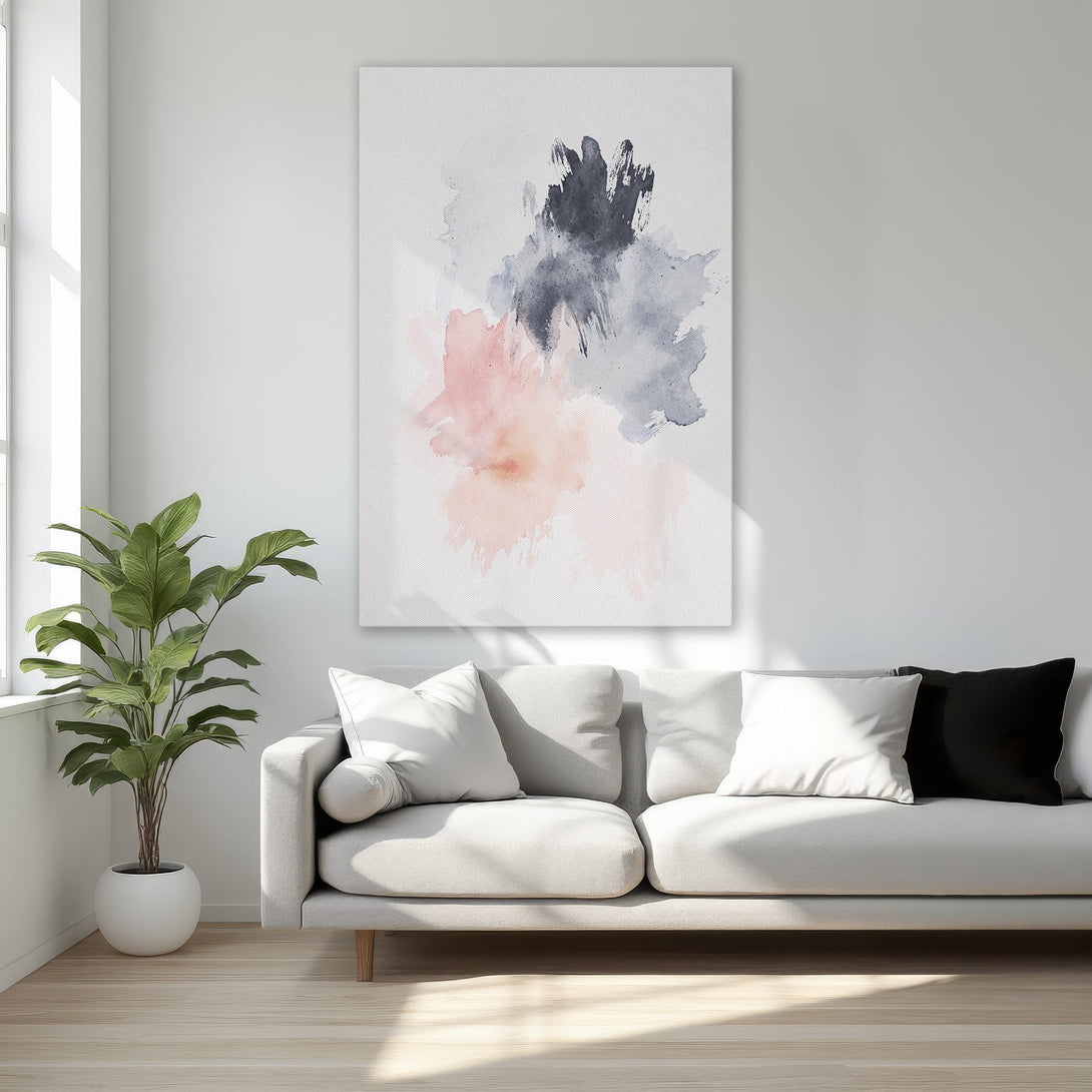 Framed Wall Art: Abstract watercolor canvas print in blush, gray, and black. Modern art for bedroom decor with gold frame.
