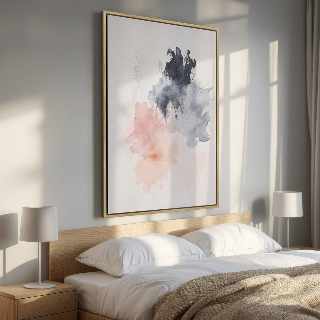 Framed Wall Art featuring an abstract watercolor design in blush, grey, and navy tones. Modern art for bedroom decor.