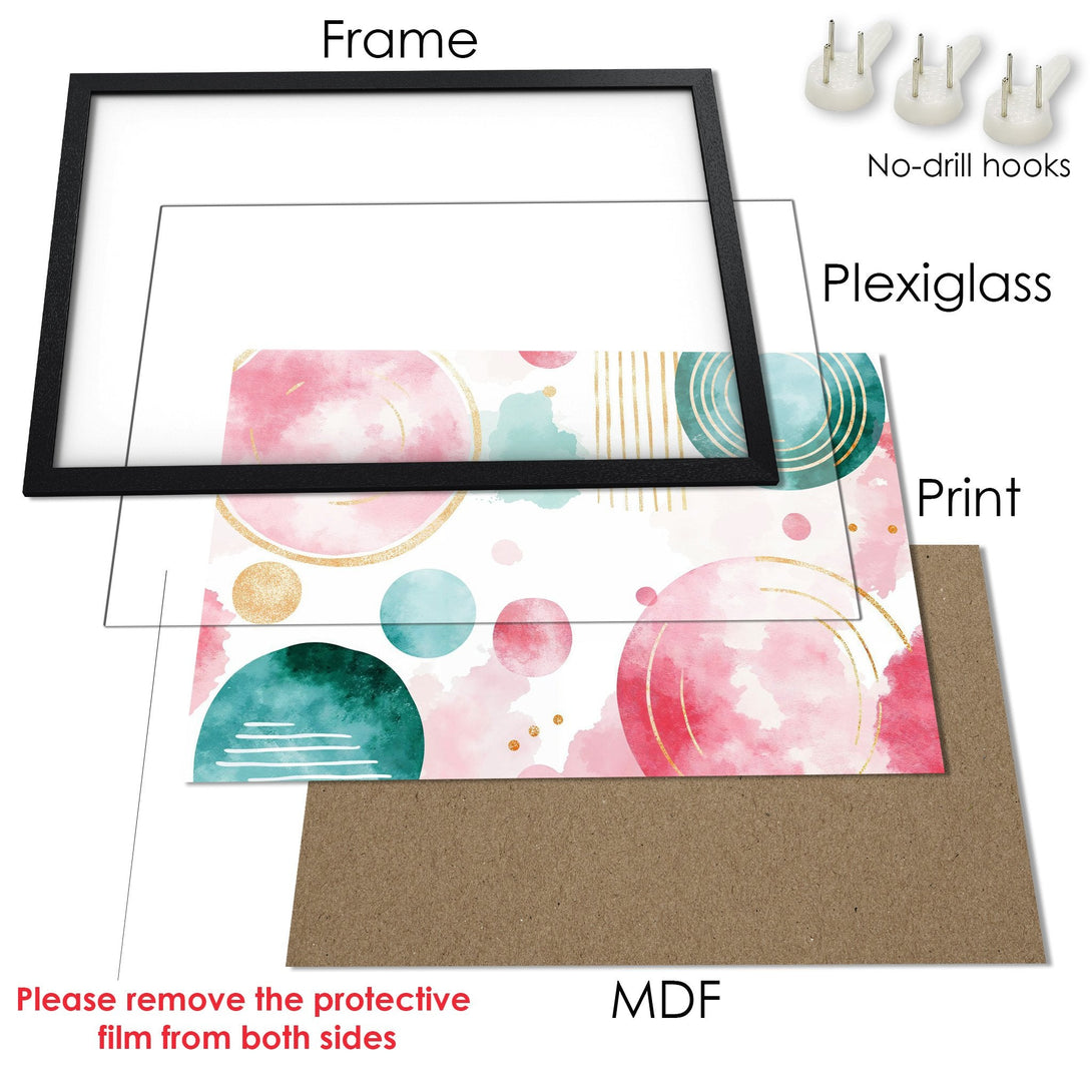 Framed Poster with abstract watercolor art in pink, teal, and gold. Modern wall decor for your home.