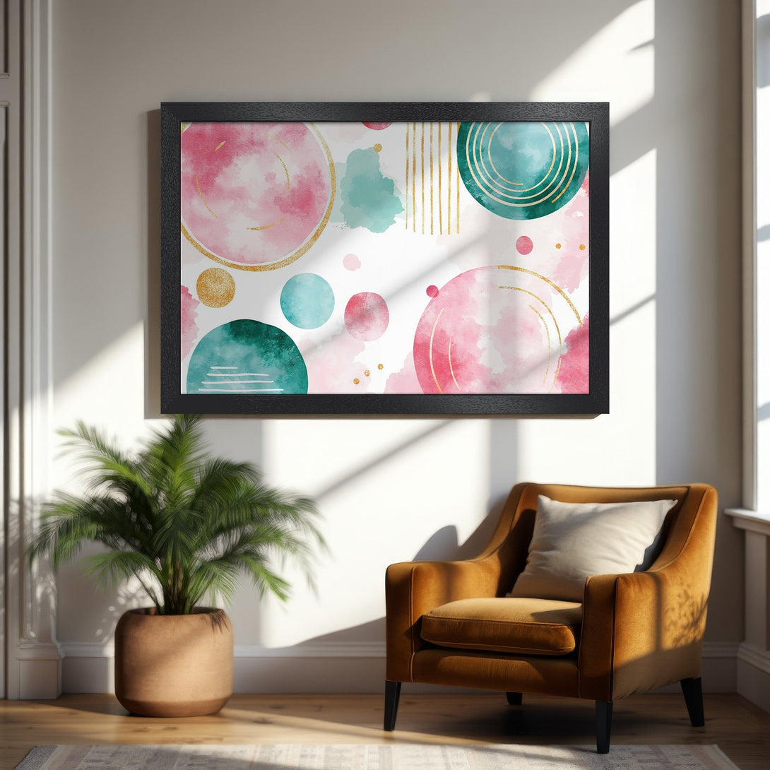 Framed Poster featuring abstract watercolor art with pink, teal, and gold accents. Perfect wall decor for a modern home.