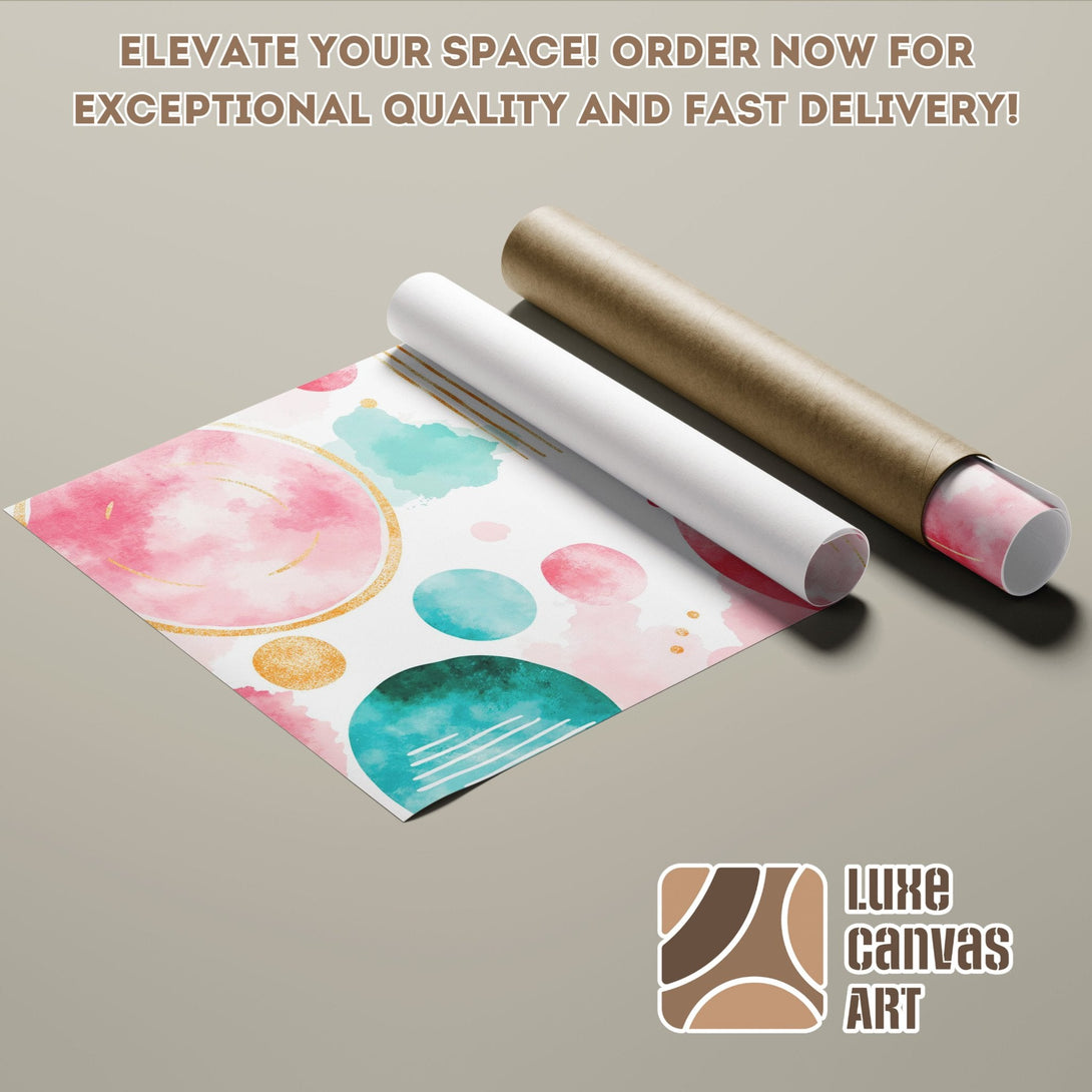 Abstract watercolor Poster Roll in pink, teal, and gold. Elevate your space with Luxe Canvas Art!