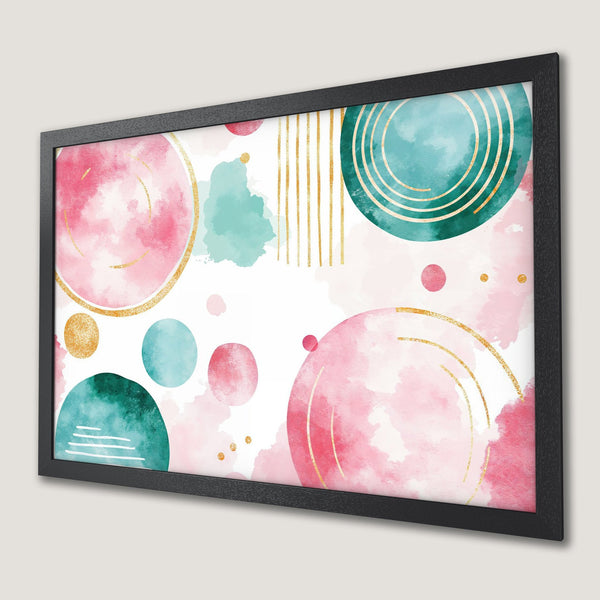 Framed Poster featuring abstract watercolor art in pink, teal, and gold. Modern wall decor.