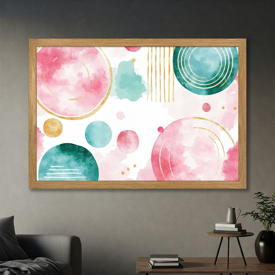 Framed Poster featuring abstract watercolor art in pink, teal, and gold. Modern wall decor for a stylish home.