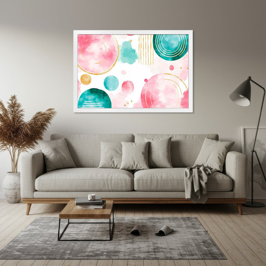 Framed Poster featuring abstract watercolor art with pink, teal, and gold accents. Modern wall decor to elevate your space!