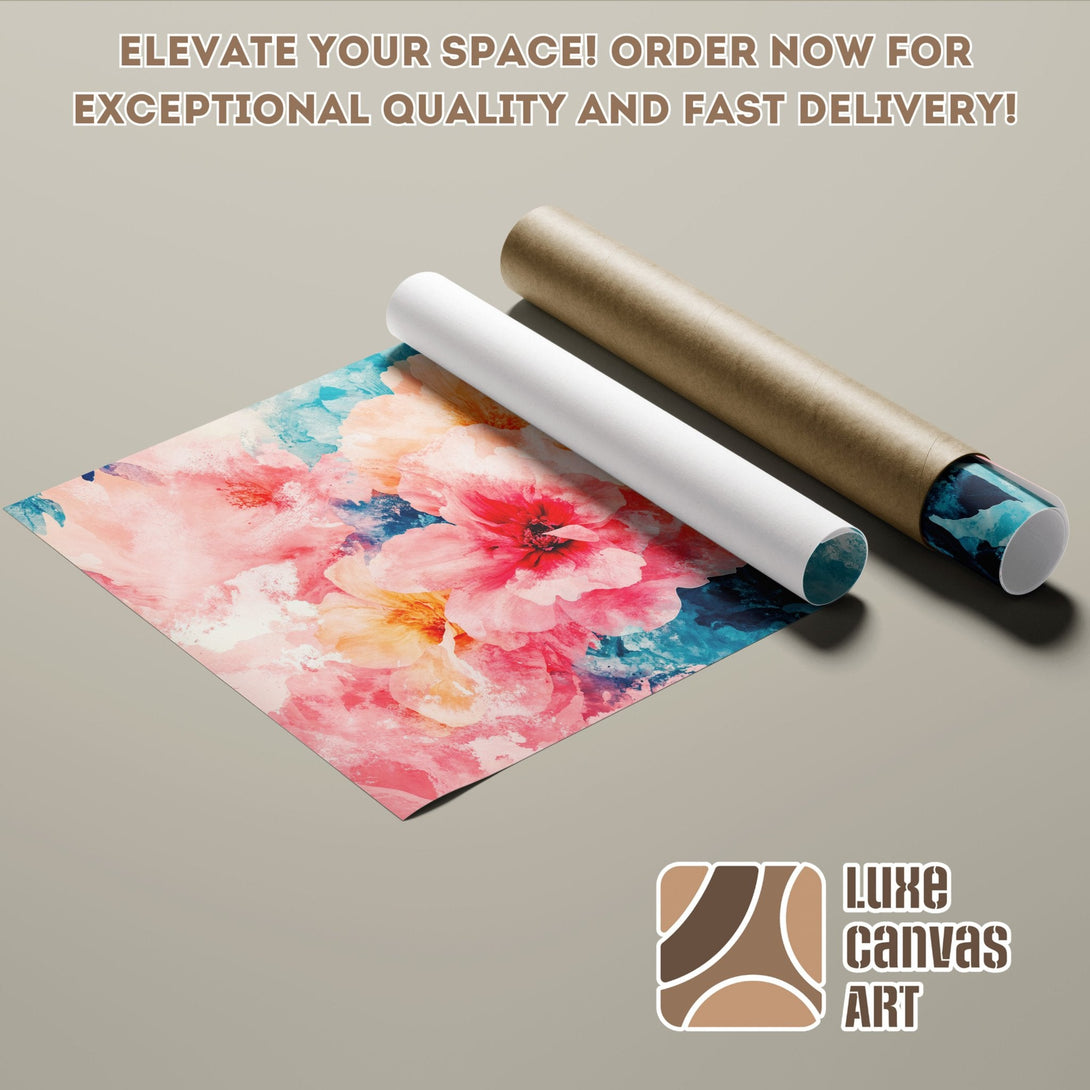 Floral Poster Roll in vibrant pink and blue, perfect wall art for your home.