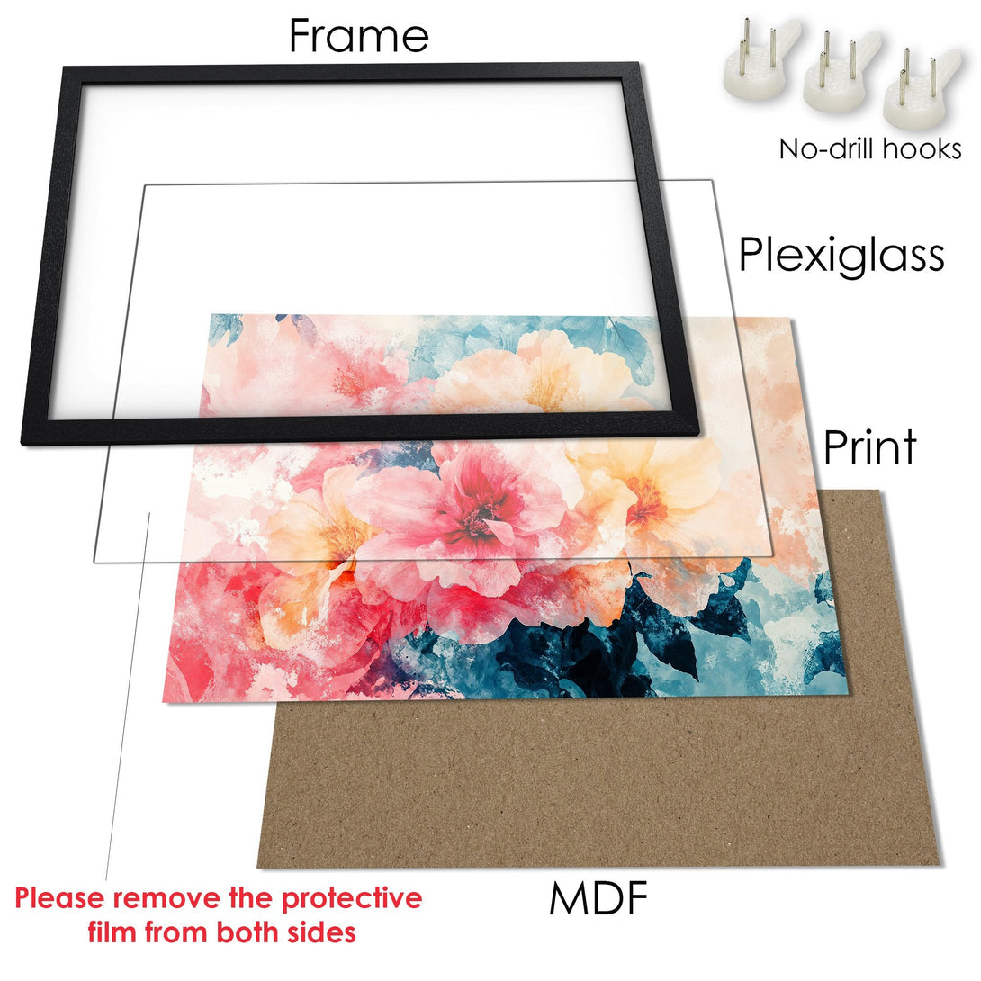Framed Poster featuring watercolor floral art in pink, blue, and peach. Modern wall decor for your home.