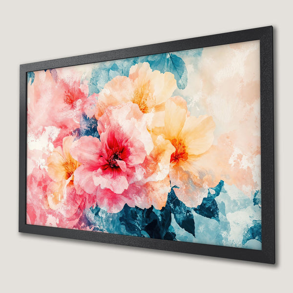 Framed Poster featuring watercolor floral art in pink, peach, and teal hues. Perfect wall decor!
