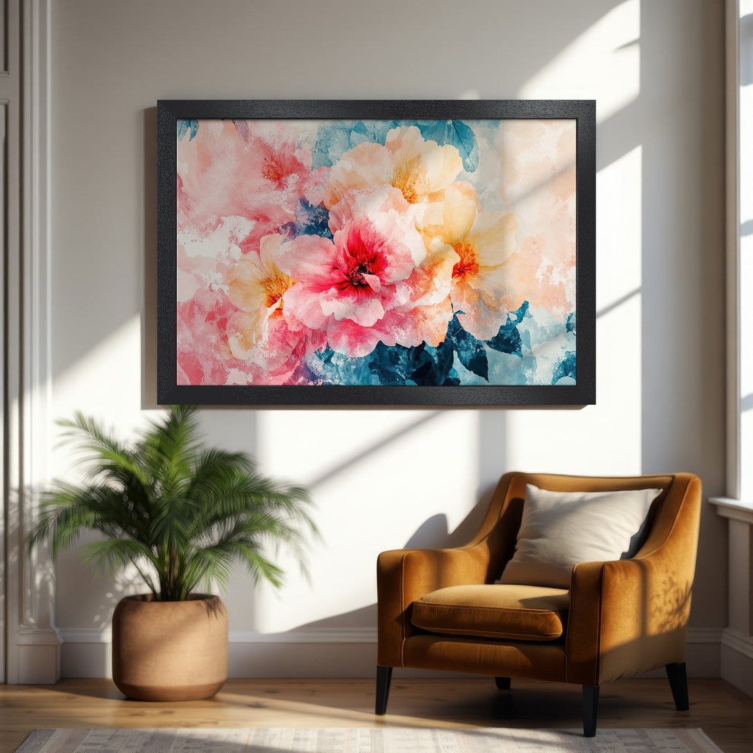 Framed Poster featuring watercolor floral art in pink, peach, and blue hues. Perfect for adding a touch of elegance to any space.