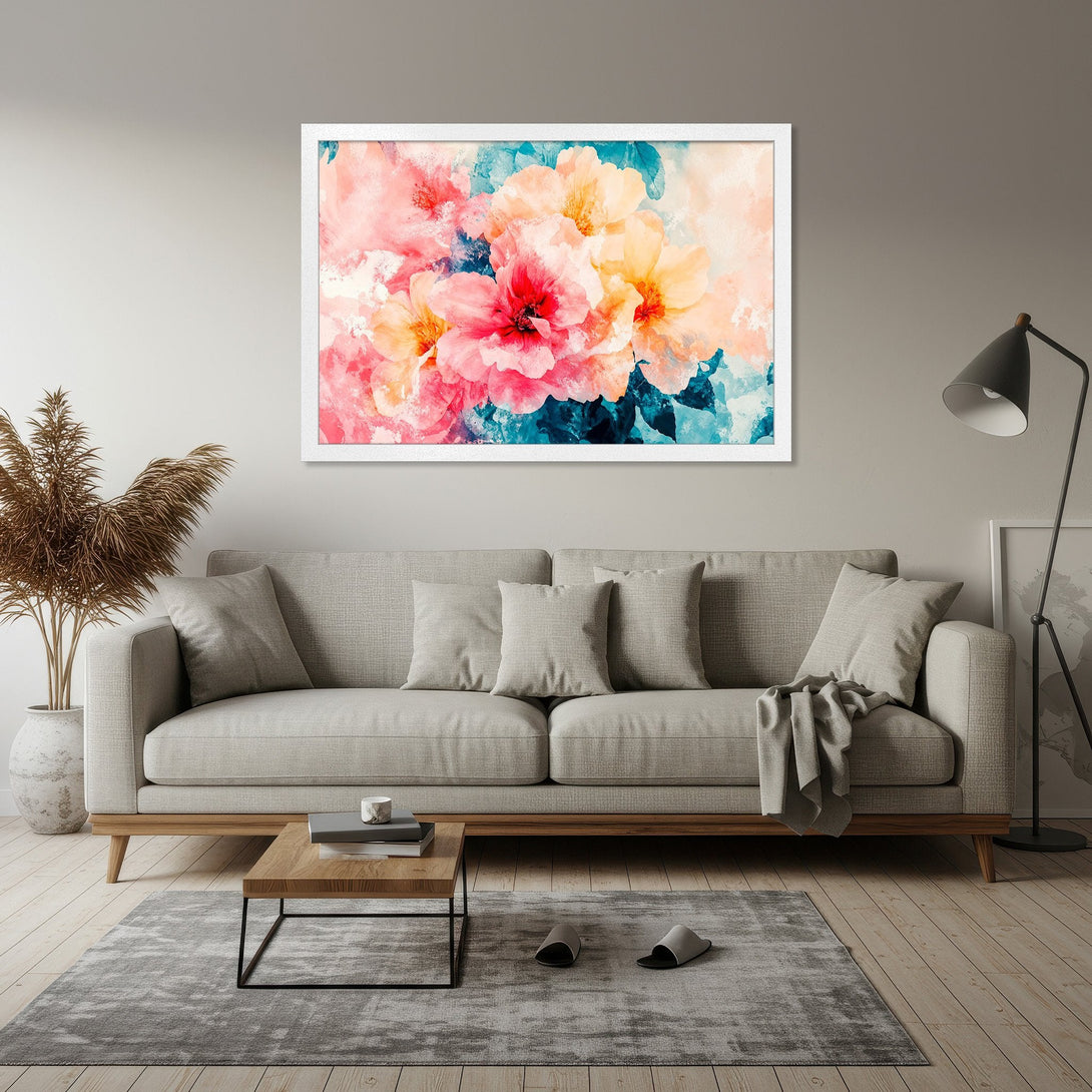 Framed Poster featuring watercolor floral art in pink, peach, and teal hues. Perfect wall decor!