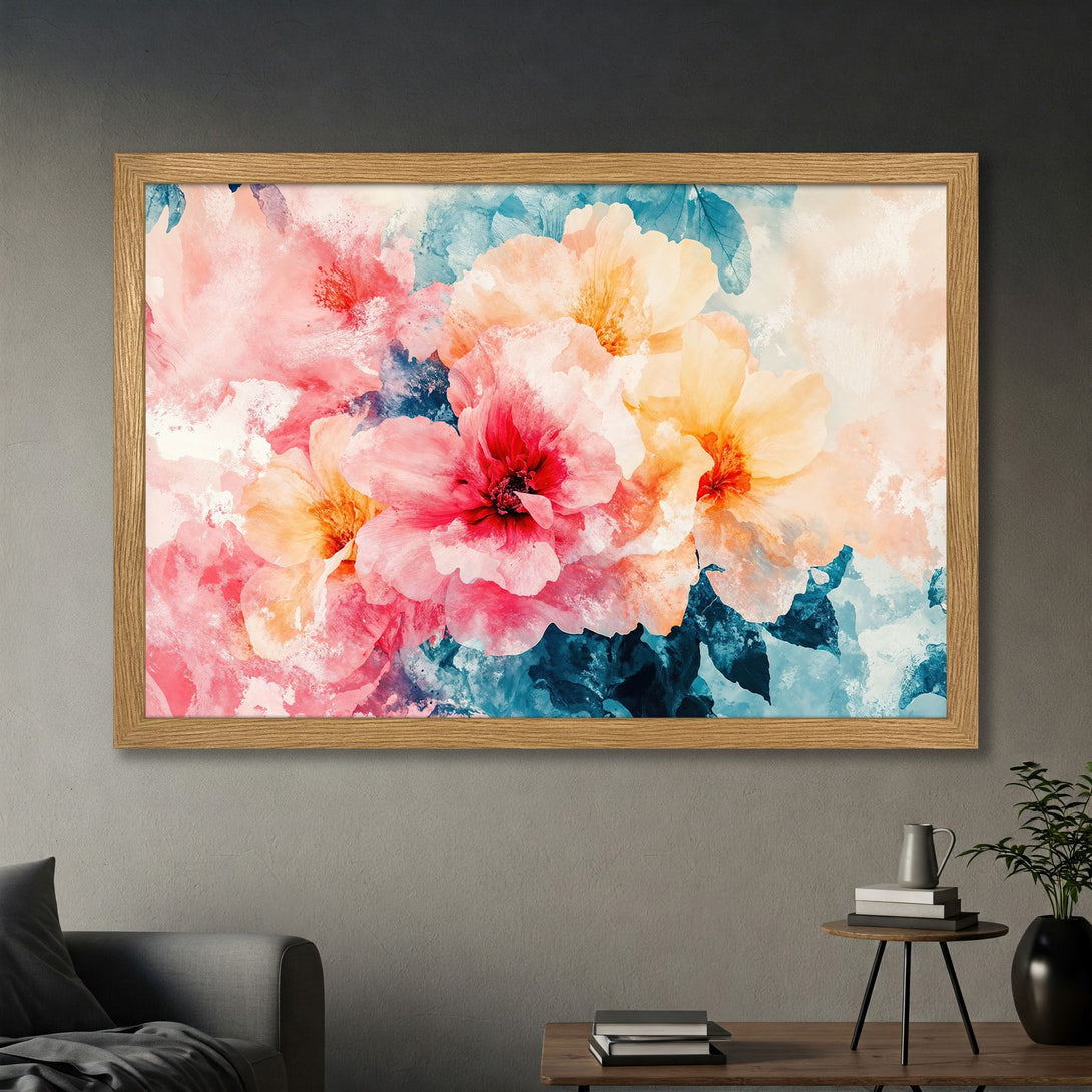 Framed Poster featuring watercolor floral art in pink, peach, and blue hues. Add a touch of elegance to your space!