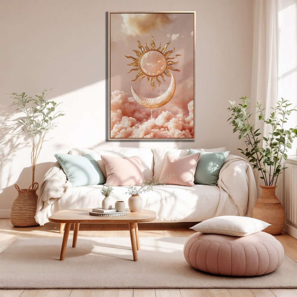 Framed Wall Art: Celestial sun and moon print in a dreamy, pastel pink color palette. Perfect for bohemian home decor.