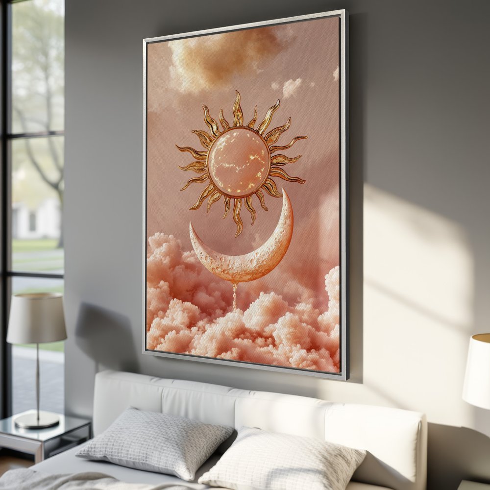 Framed Wall Art: Celestial sun and moon art print in warm peach and gold tones. Perfect for bedroom decor!
