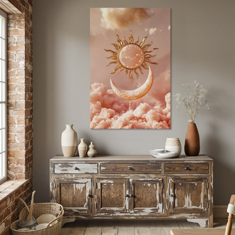 Framed Wall Art: Celestial sun and moon art print in a dreamy, boho style. Soft pink and gold color palette. Perfect for home decor.