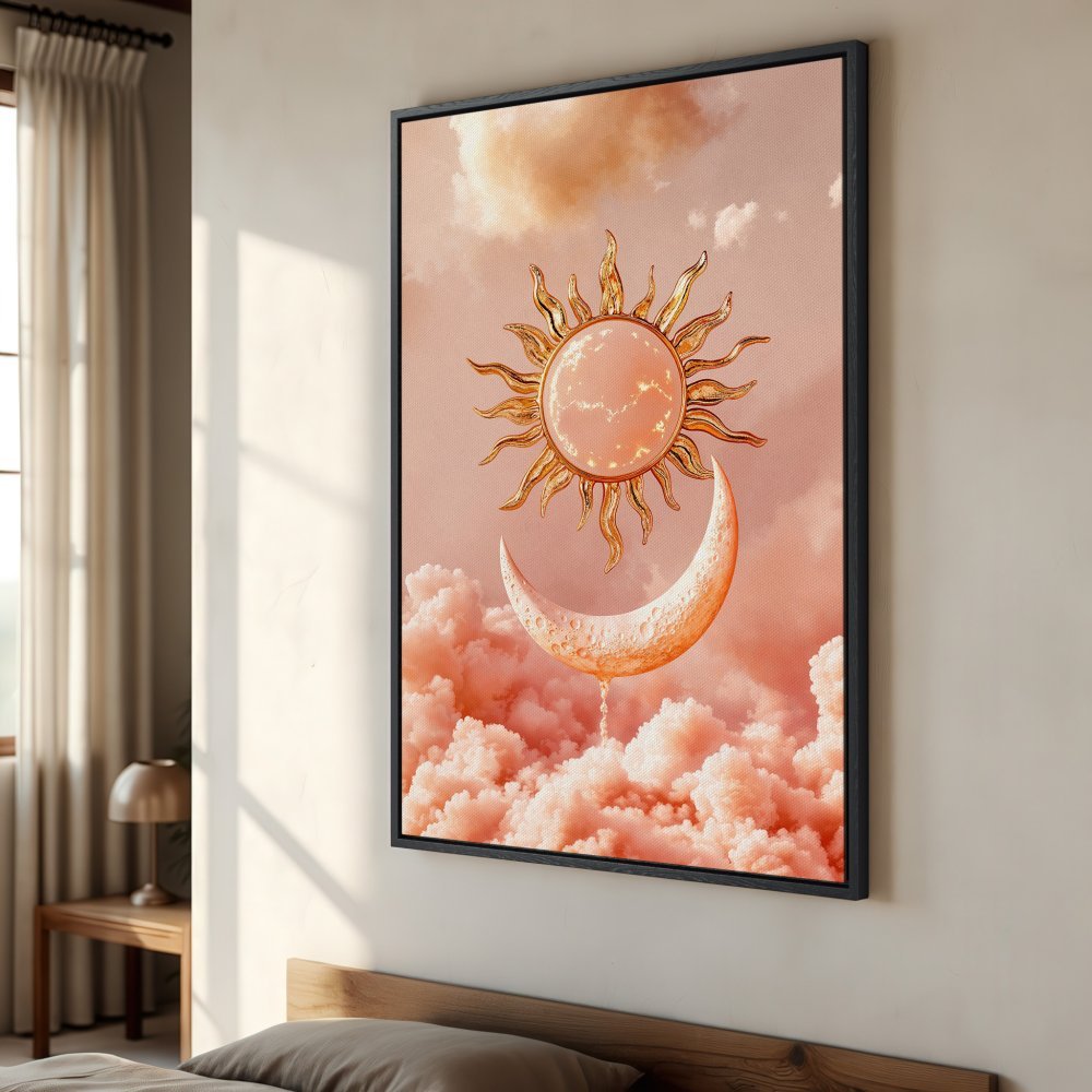 Framed Wall Art: Celestial sun and moon art print in warm peach tones. Dreamy, boho style canvas print for bedroom decor.